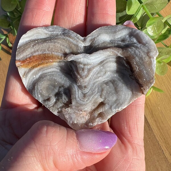 natural raw chalcedony heart druzy crystal heart  gray and white
