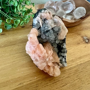 Stunning black  chalcedony cluster with deep peach stilbite | rough charcoal chalcedony | 3.5 x 2 inch | self stands cut base