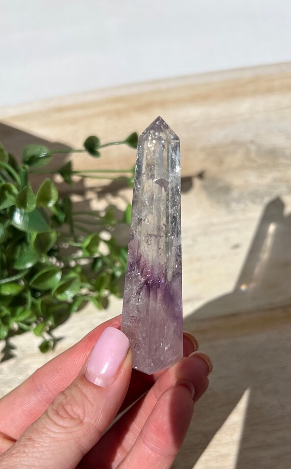 Gorgeous ghost amethyst obelisk 3 inch sweet little mini with exceptional clear quartz and a lovely rainbow