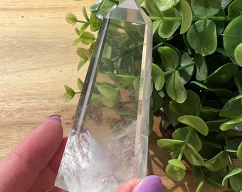 Natural clear quartz tower *damaged* | rainbow & excellent clarity | 3 inch tall |slight chip on bottom right corner