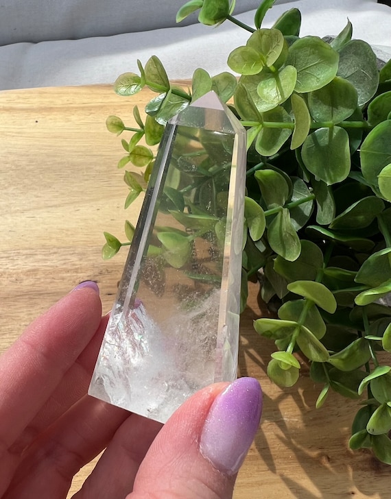 Natural clear quartz tower *damaged* | rainbow & excellent clarity | 3 inch tall |slight chip on bottom right corner