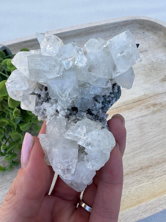 Diamond apophyllite cluster with coal black matrix | crystal from India | raw clear crystal 3 x 2 inch