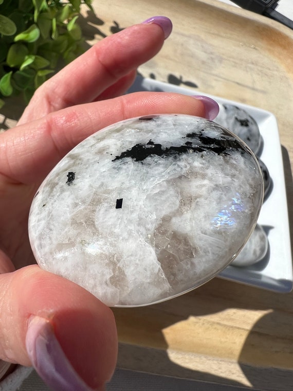 Flashy rainbow moonstone palm polished crystal with blue flash