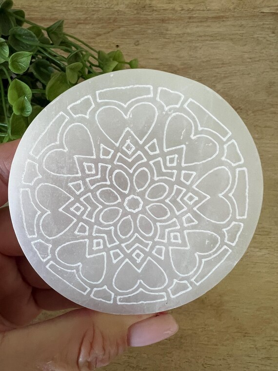 selenite charging plate heart chakra heart mandala etched selenite charge coaster