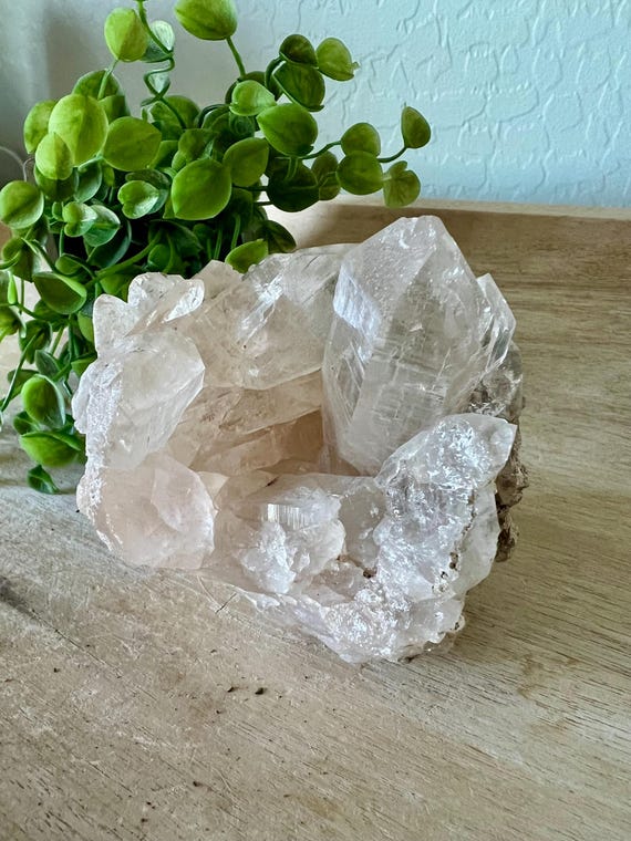 Clear quartz cluster | pink Himalayan quartz cluster with a soft pink  | large clear points etching