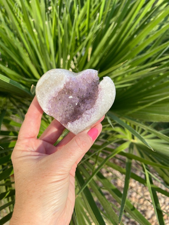Purple and white druzy agate heart | sparkly purple geode crystal carving amethyst | rare mixed mineral