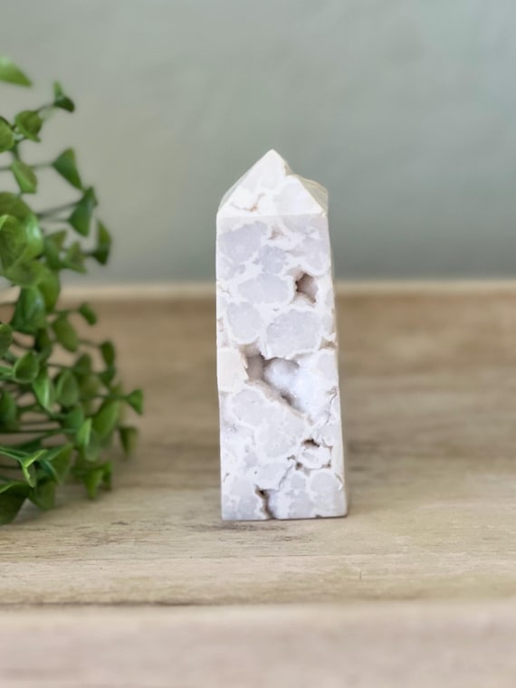 super druzy snow white agate tower | fully polished | lots of sugary pockets | real crystal lavender druze | unique holiday gift