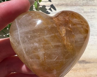 Lovely light golden healer heart | master healer crystal | hematite iron & quartz carving |  2 x 2 inch