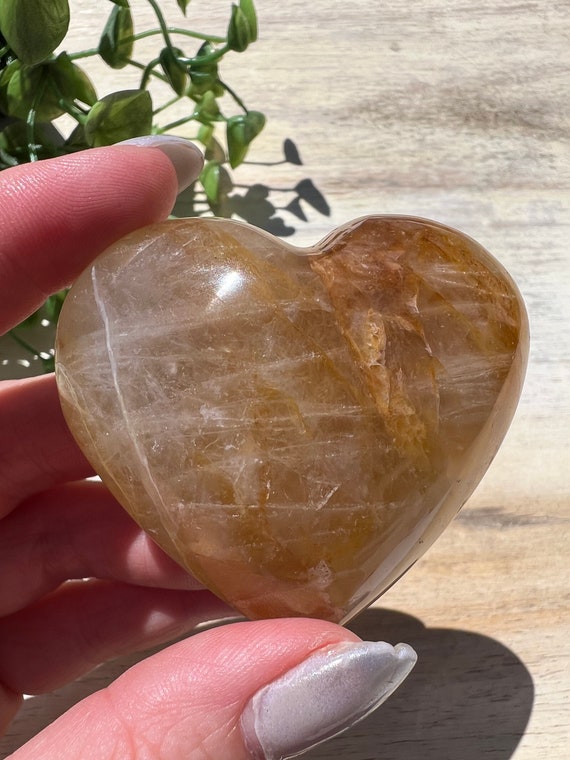 Lovely light golden healer heart | master healer crystal | hematite iron & quartz carving |  2 x 2 inch