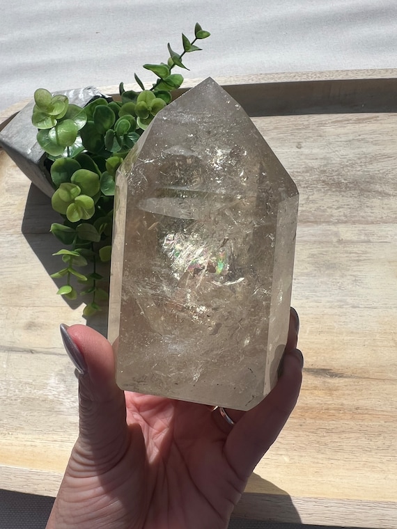 Stunning 4 in natural citrine tower with a huge rainbow over 1 lb.