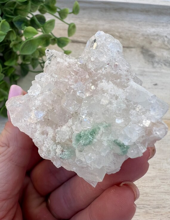 stunning diamond apophyllite cluster with green pink inclusion | crystal from india | raw clear crystal