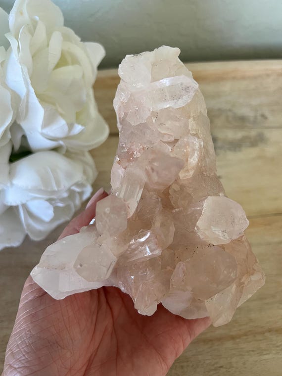 Soothing pink Himalayan quartz cluster | large stunning clear points  | rough quartz from India
