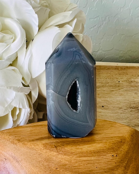 Stunning deep blue bande druzy agate tower  | **damaged** | mini sugary cave  | 2.5 inch crystal point agate geode