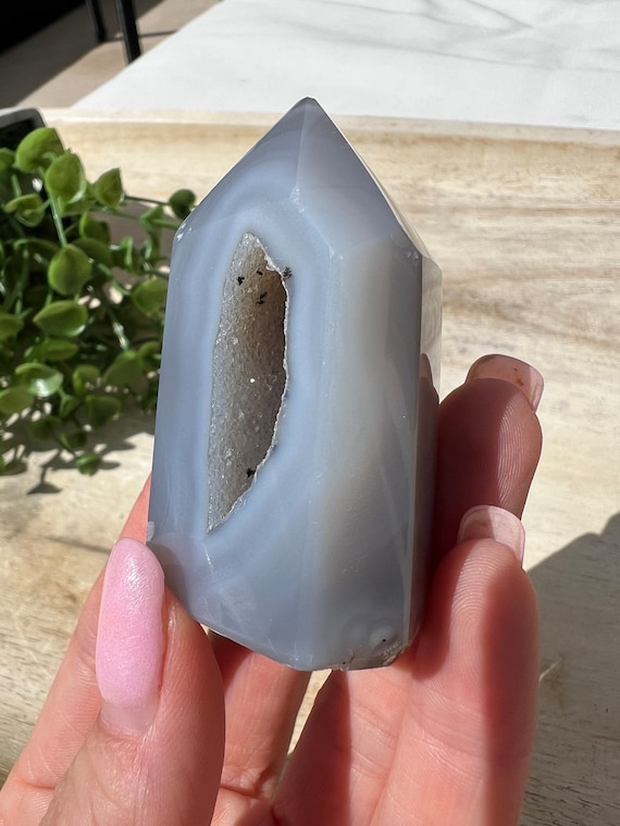 Incredible blue banded druzy mini agate tower | blue agate point | blue druzy cave geode deep cave 2.5 inch tall