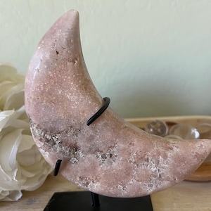 Pink amethyst moon on stand | 6 inch x 3 inch | over 1.5 lbs. of natural amethyst | pink amethyst & quartz | crystal carving