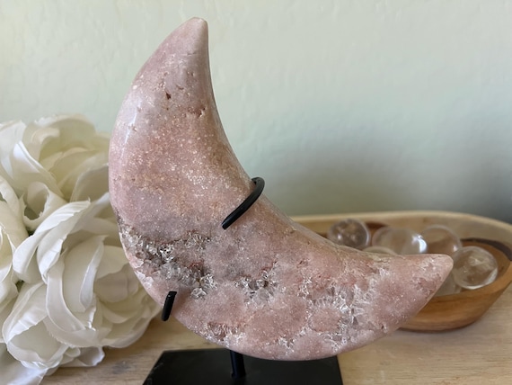 Pink amethyst moon on stand | 6 inch x 3 inch | over 1.5 lbs. of natural amethyst | pink amethyst & quartz | crystal carving