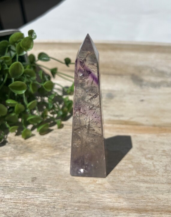 Gorgeous ghost amethyst obelisk 5 inch with exceptional clear quartz and a lovely rainbow