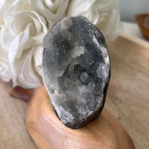 chalcedony cut base | blue & black chalcedony raw  florets | 3 inch crystal tower