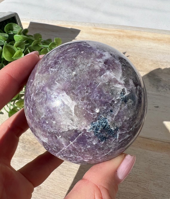 Lepidolite stone sphere | large crystal sphere smoky quartz blue apatite pockets 71 mm | purple crystal ball