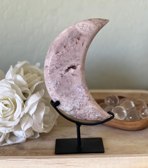 Huge amethyst moon on stand  | 7 inch over 2 lbs. of natural pink amethyst  | hints of pastel purple | large crystal carving