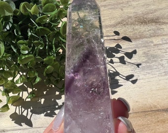 Gorgeous ghost amethyst obelisk 3 inch tall very gemy piece with exceptional clear quartz