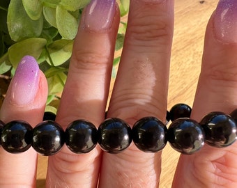 natural Russian shungite bracelet 8mm | neutralize emf | fullerenes mineral | black crystal sphere with sheen