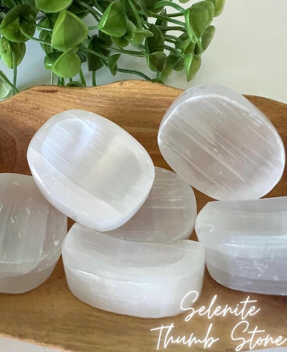 Natural crystal worry stone selenite thumb stone | fidget stone with groove anxiety relief | white worry stone