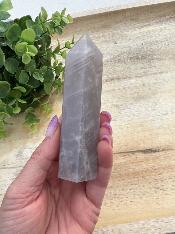 Blue moon quartz tower | blue rose quartz light purple rainbow inclusion | 4.5 inch tall purple crystal tower lavender