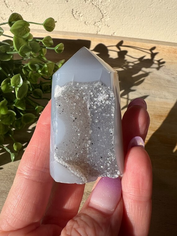 sugary blue and gray mini agate tower | 2 inch tall druzy crystal tower
