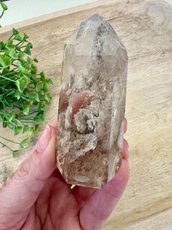 Stunning lodolite clear quartz tower with little rainbow infractions | chunky piece standing at about 3 inch | clear crystal garden tower
