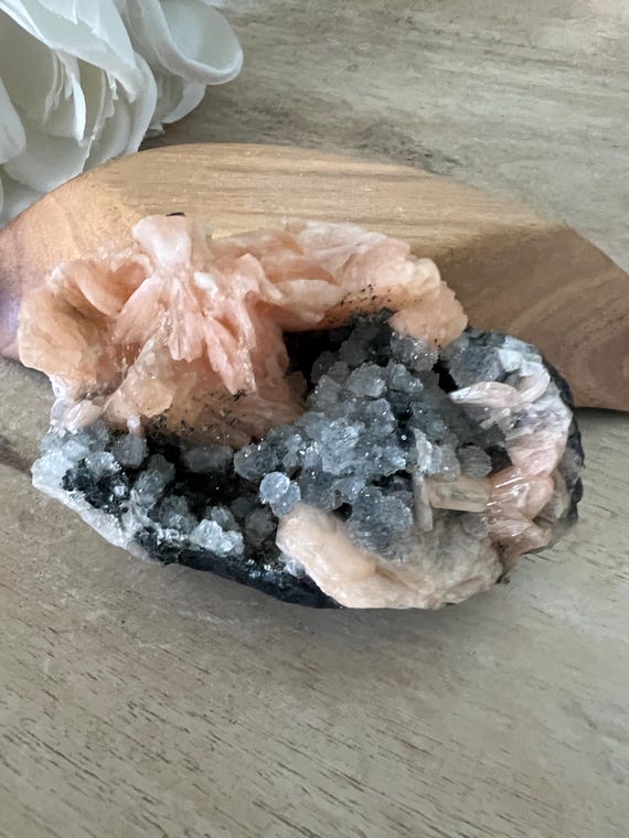 Stunning black  chalcedony cluster with deep peach stilbite | rough charcoal chalcedony | 3.5 x 2 inch