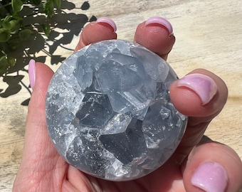 Gorgeous deep blue celestite sphere large teeth over 55 mm blue crystal ball raw geode