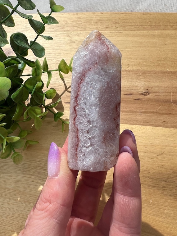 sparkly pink amethyst and quartz tower | lots of quartz super sparkly | 3 inch | deep red hematite veins | pink crystal tower