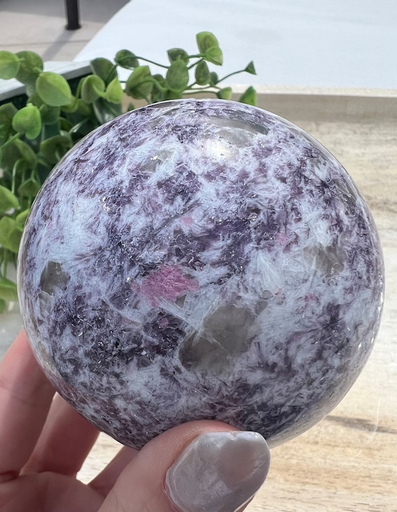 Lepidolite stone sphere | natural purple mica with pink tourmaline and tons of smoky quartz pockets 75 mm | crystal ball