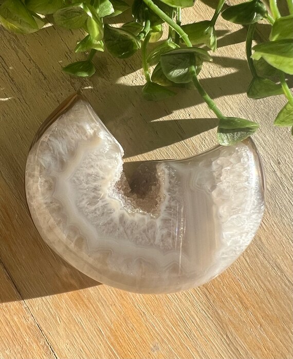Stunning dark brown & white mini agate moon | druzy agate moon geode | small chunky crescent moon