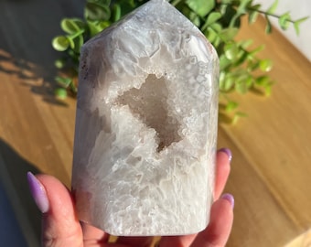 Sparkly druzy white and gray agate tower | xl tower natural agate | 4 inch tall 1 pound crystal tower