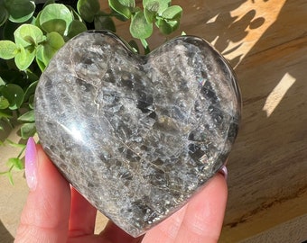 Large flashy black moonstone heart | hand polished  stones from Madagascar