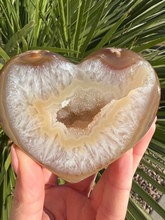 stunning brown druzy agate heart | 3 inch light brown crystal carving