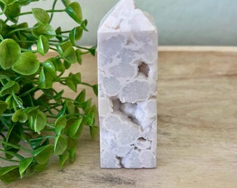super druzy snow white agate tower | fully polished | lots of sugary pockets | real crystal lavender druze | unique holiday gift