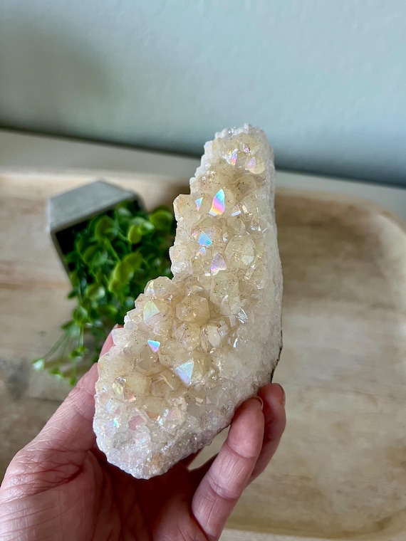Angel aura crystal cluster | rainbow coated crystal cluster | big teeth | large citrine chunk