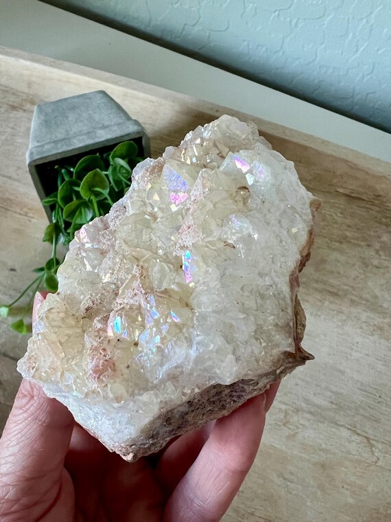 Angel aura crystal cluster | rainbow coated crystal cluster | big teeth | large citrine chunk