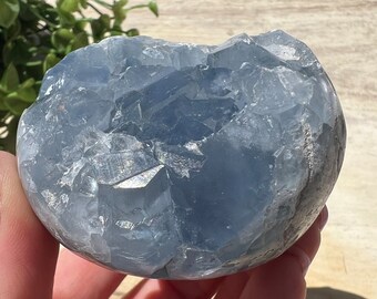 Gorgeous deep blue celestite sphere large teeth backside is wet polished so it’s very smooth over 64 mm blue crystal ball geode raw