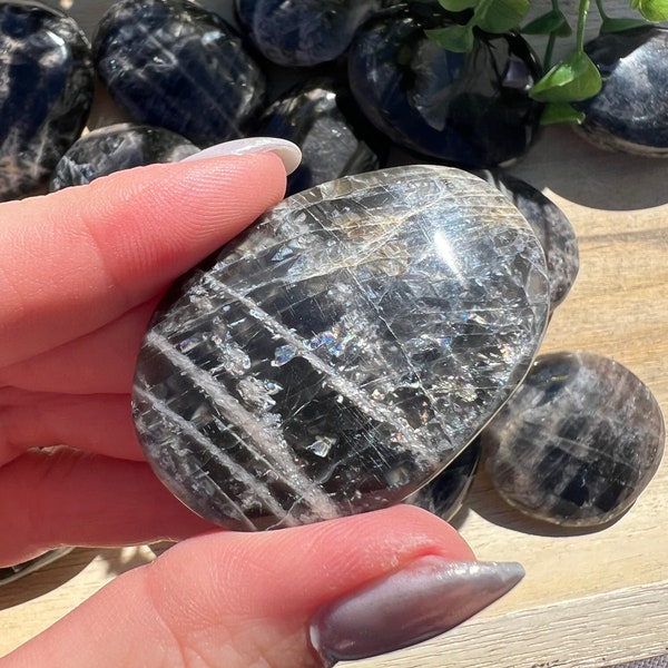 Natural flashy black moonstone medallion | hand polished | approx. 1 ounce & 1.5 inch | small palm stone | Stones from Madagascar