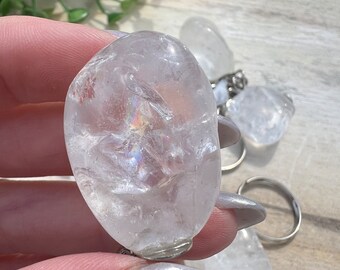 stunning clear quartz key chain polished freeform on a silver chain