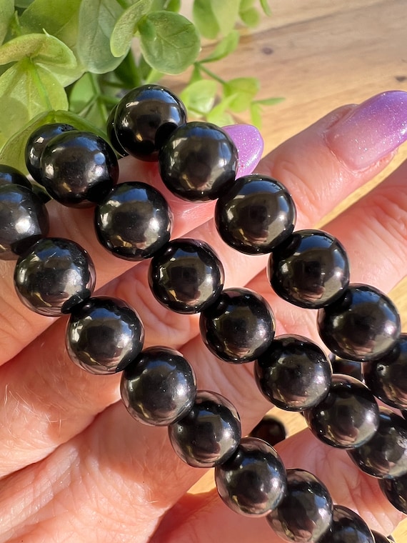 natural Russian shungite bracelet 8mm | neutralize emf | fullerenes mineral | black crystal sphere with sheen