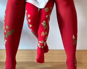 Red children's tights with hand painted motives - Gooseberries
