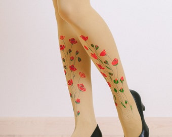 Red Children's Tights With Hand Painted Motives Gooseberries 