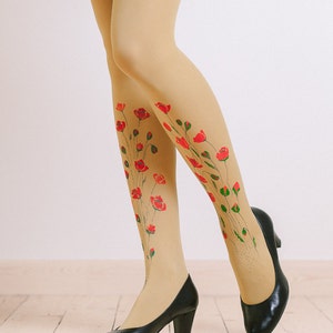 Unique tights with hand painted motives Poppies image 1