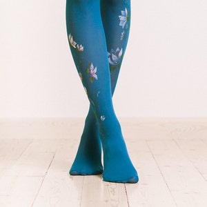 Unique tights for women with hand painted motives Water lilies image 2