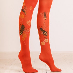 Einzigartige Strumpfhose für Frauen mit handbemalten Motiven - Honigbienen